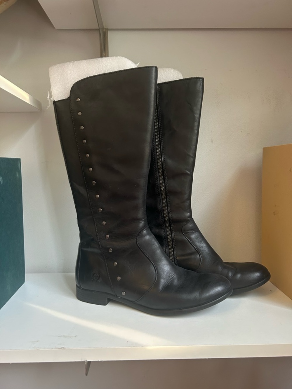 Born Black Tall Leather Boots with Stud Accents